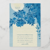 Antique Japanese Blue Cherry Blossom Wedding Gold Foil Invitation (Front)