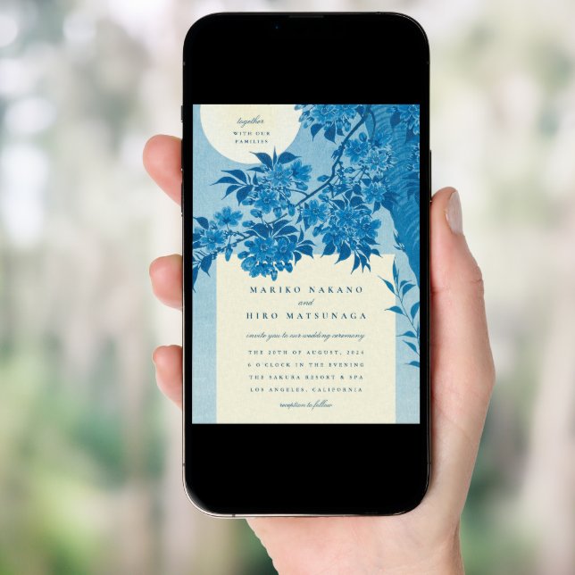Antique Japanese Blue Cherry Blossom Wedding Invitation (Front Digital)