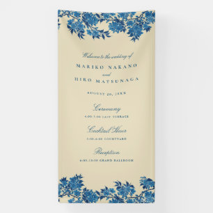 Antique Japanese Blue Cherry Blossom Welcome Banner