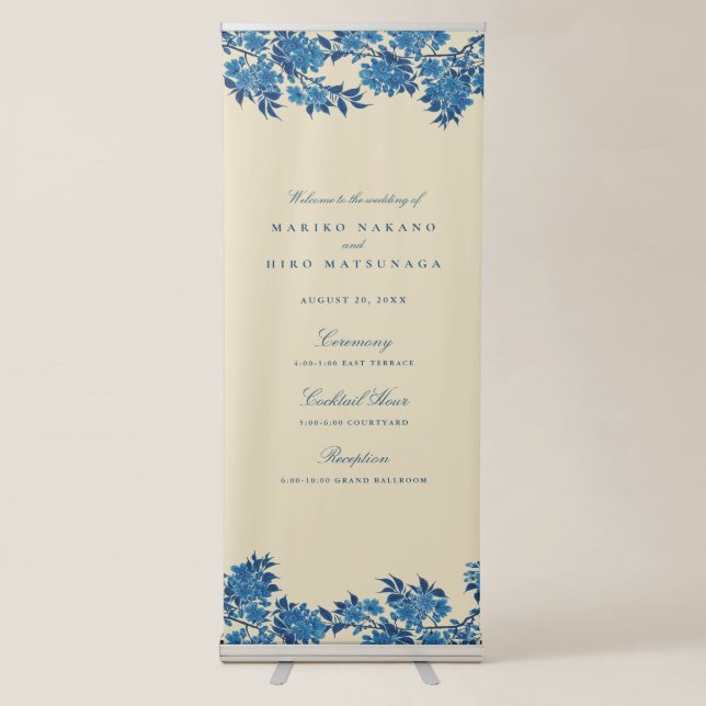Antique Japanese Blue Cherry Blossom Welcome Retractable Banner (Front)