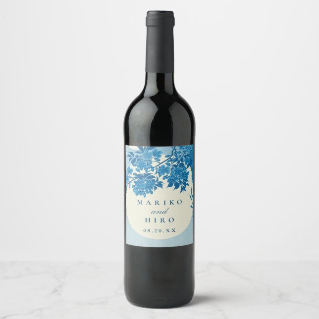 Antique Japanese Blue Cherry Blossom Wine Label (Front)