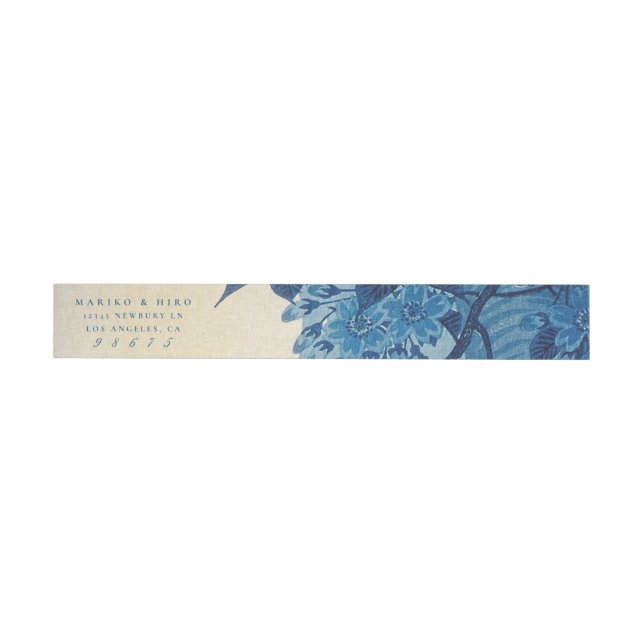 Antique Japanese Blue Cherry Blossom Wrap Around Address Label (Individual)