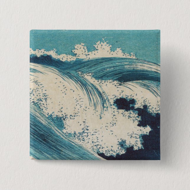 Antique Japanese Blue Waves Ocean Print Button (Front)