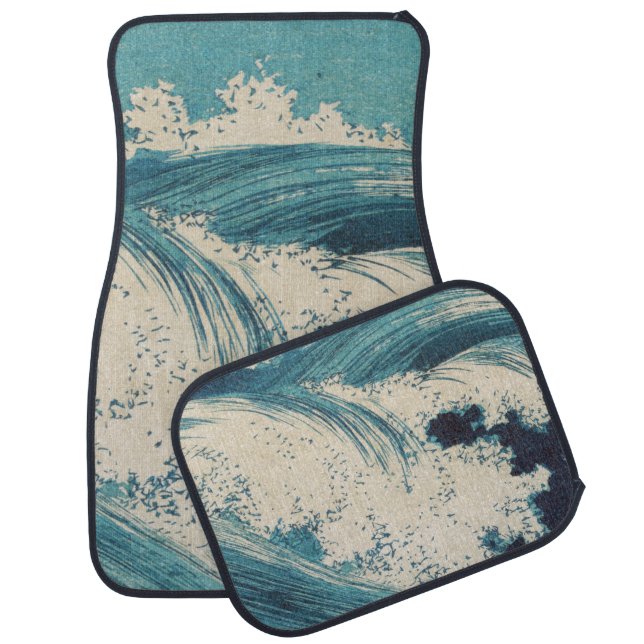 Antique Japanese Blue Waves Ocean Print Car Floor Mat (Set)