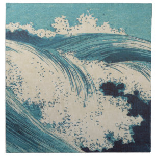 Antique Japanese Blue Waves Ocean Print Cloth Napkin