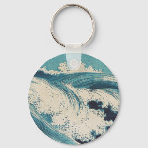 Antique Japanese Blue Waves Ocean Print Keychain