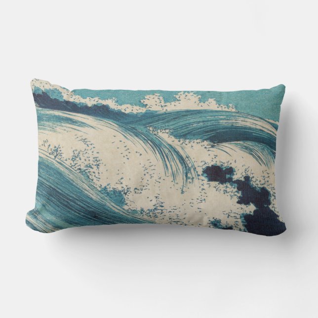 Antique Japanese Blue Waves Ocean Print Lumbar Pillow (Front)
