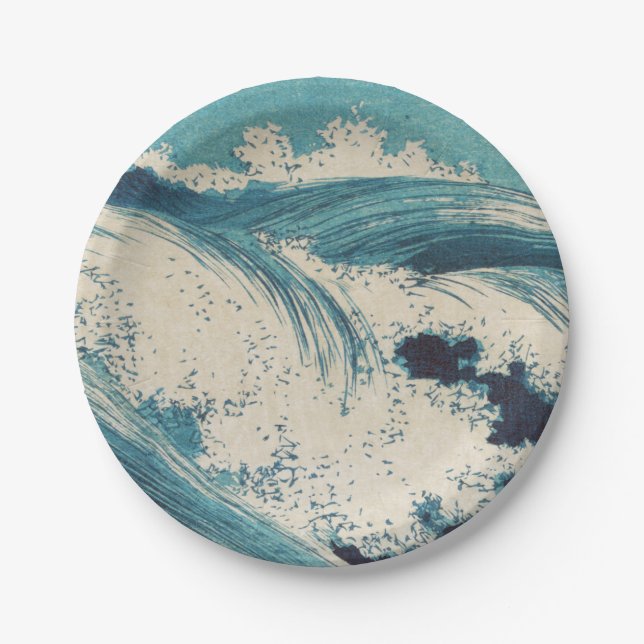 Antique Japanese Blue Waves Ocean Print Paper Plates (Front)
