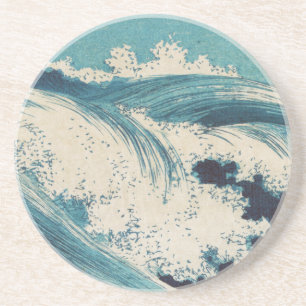 Antique Japanese Blue Waves Ocean Print Sandstone Coaster