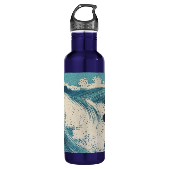 Antique Japanese Blue Waves Ocean Print Stainless Steel Water Bottle (Front)