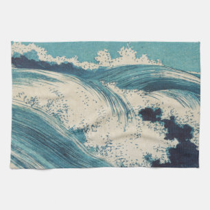 Antique Japanese Blue Waves Ocean Print Towel