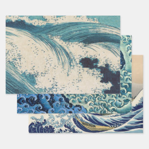 Antique Japanese Blue Waves Ocean Print Wrapping Paper Sheets