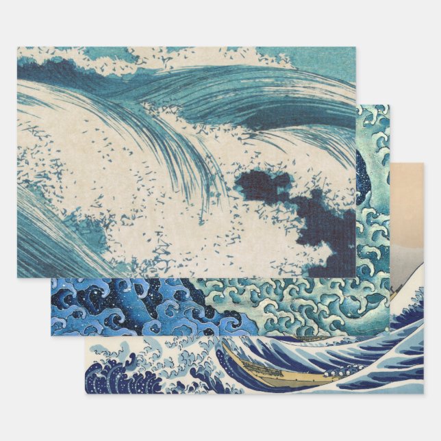 Antique Japanese Blue Waves Ocean Print Wrapping Paper Sheets (Set)