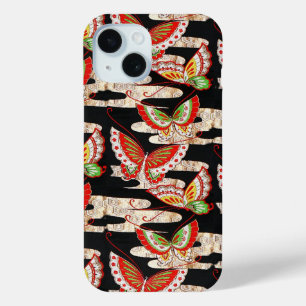 ANTIQUE JAPANESE BUTTERFLIES Red Black White iPhone 15 Case
