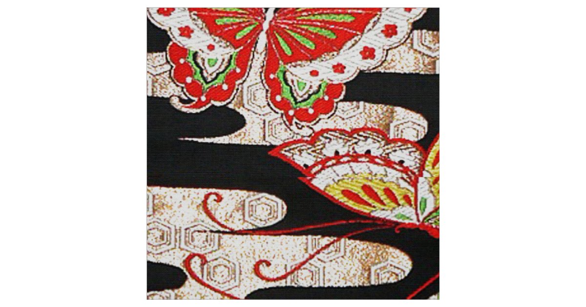 ANTIQUE JAPANESE BUTTERFLIES Red Black White Fabric