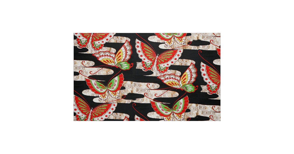 ANTIQUE JAPANESE BUTTERFLIES Red Black White Fabric