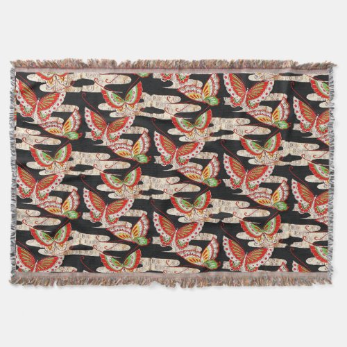 ANTIQUE JAPANESE BUTTERFLIES Red Black White Throw Blanket