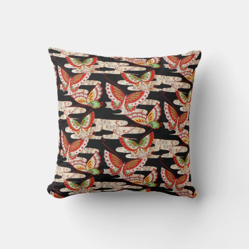 ANTIQUE JAPANESE BUTTERFLIES Red Black White Throw Pillow
