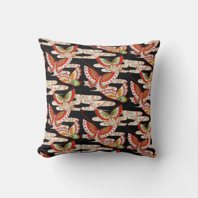 ANTIQUE JAPANESE BUTTERFLIES Red Black White Throw Pillow (Front)