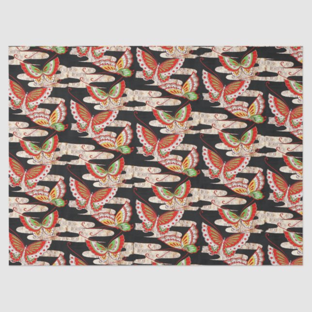 ANTIQUE JAPANESE BUTTERFLIES Red Black White Tissue Paper (Front)