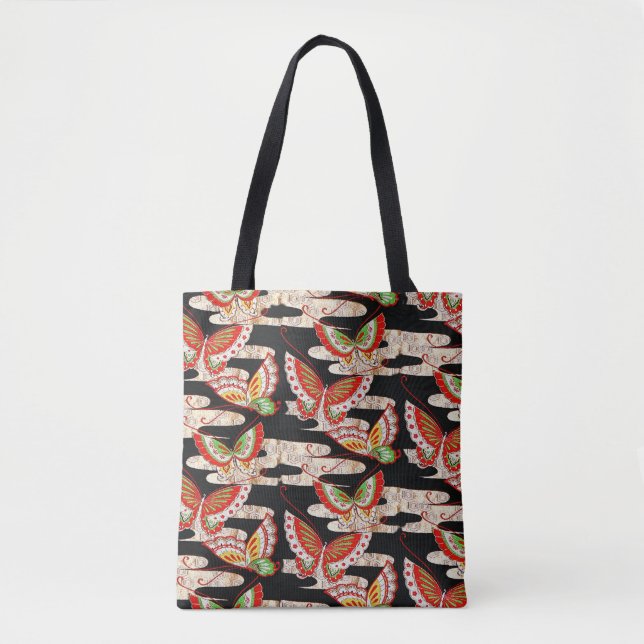 ANTIQUE JAPANESE BUTTERFLIES Red Black White Tote Bag (Front)