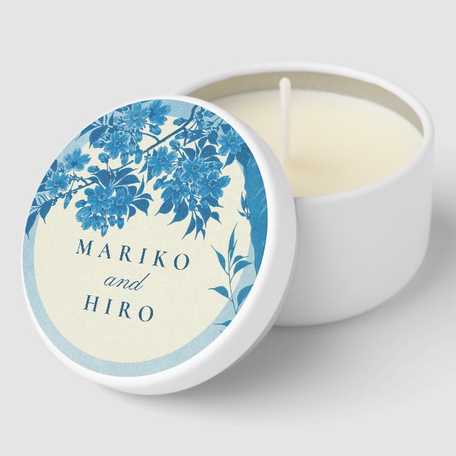 Antique Japanese Cherry Blossoms Blue Wedding Mini Candle Favors (Corner)