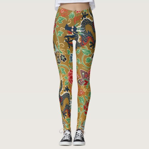 Antique Japanese Floral Dragon Print Leggings