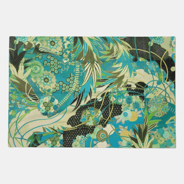 ANTIQUE JAPANESE FLOWERS Aqua Blue Green Floral  Doormat (Front)