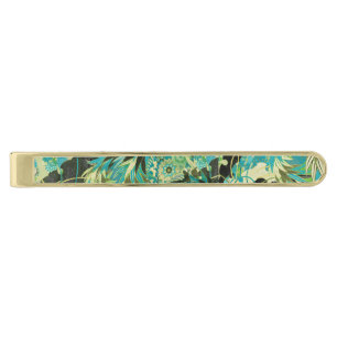 ANTIQUE JAPANESE FLOWERS Aqua Blue Green Floral Gold Finish Tie Bar