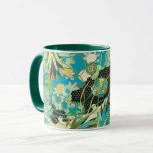 ANTIQUE JAPANESE FLOWERS Aqua Blue Green Floral Mug