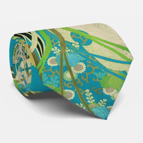 ANTIQUE JAPANESE FLOWERS Aqua Blue Green Floral  Neck Tie