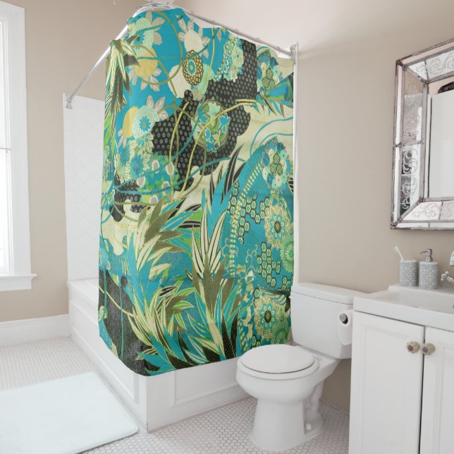 ANTIQUE JAPANESE FLOWERS Aqua Blue Green Floral  Shower Curtain (In Situ)