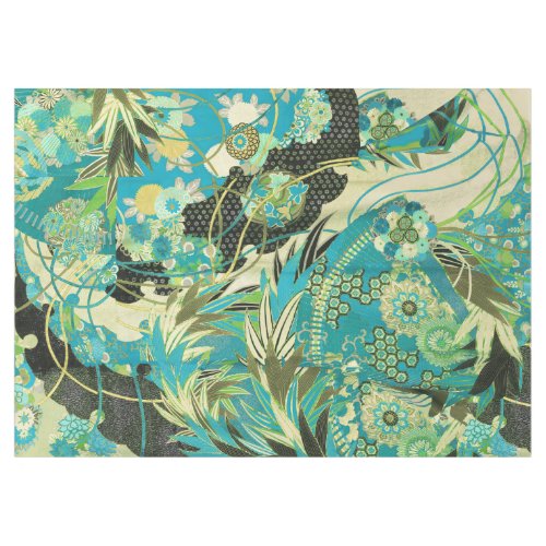 ANTIQUE JAPANESE FLOWERS Aqua Blue Green Floral  Tablecloth