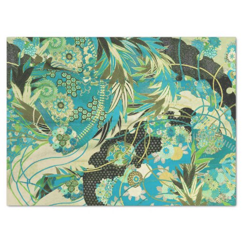 ANTIQUE JAPANESE FLOWERS Aqua Blue Green Floral  Tissue Paper