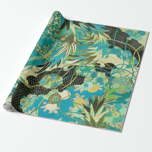 ANTIQUE JAPANESE FLOWERS Aqua Blue Green Floral  Wrapping Paper