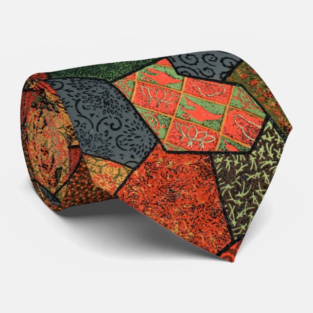 ANTIQUE JAPANESE FLOWERS,LEAVES ,GEOMETRIC FLORAL NECK TIE (Rolled)