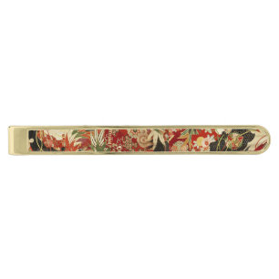 ANTIQUE JAPANESE FLOWERS Red Black White Floral Gold Finish Tie Bar
