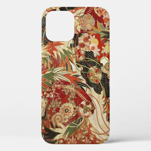 ANTIQUE JAPANESE FLOWERS Red Green Black Floral iPhone 12 Case