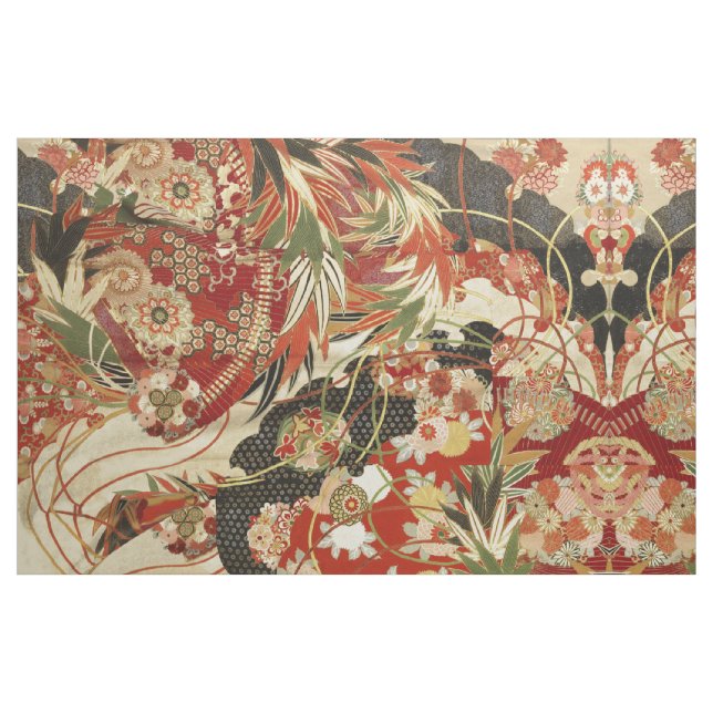 ANTIQUE JAPANESE FLOWERS Red Green Black Floral Fabric (Fat Quarter)