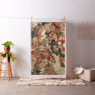 ANTIQUE JAPANESE FLOWERS Red Green Black Floral Fabric