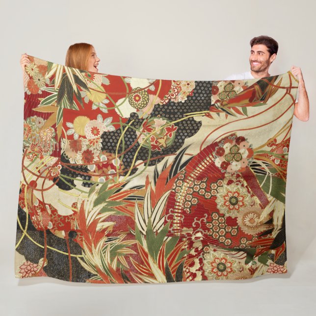 ANTIQUE JAPANESE FLOWERS Red Green Black Floral Fleece Blanket (In Situ)