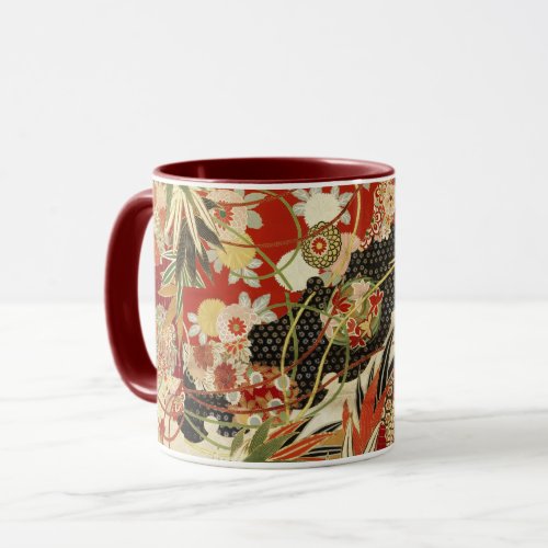 ANTIQUE JAPANESE FLOWERS Red Green Black Floral Mug