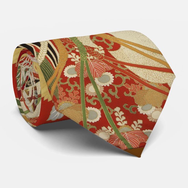 ANTIQUE JAPANESE FLOWERS Red Green Black Floral Ne Neck Tie (Rolled)