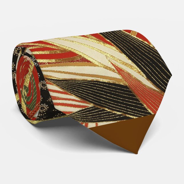 ANTIQUE JAPANESE FLOWERS Red Green Black Floral Neck Tie (Rolled)