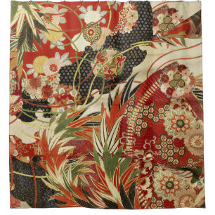 ANTIQUE JAPANESE FLOWERS Red Green Black Floral Shower Curtain