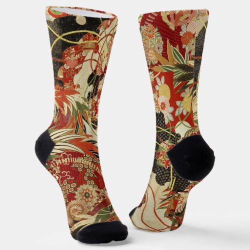 ANTIQUE JAPANESE FLOWERS Red Green Black Floral Socks