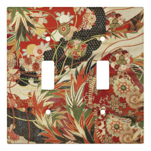 ANTIQUE JAPANESE FLOWERS Red Green Black Floral T Light Switch Cover