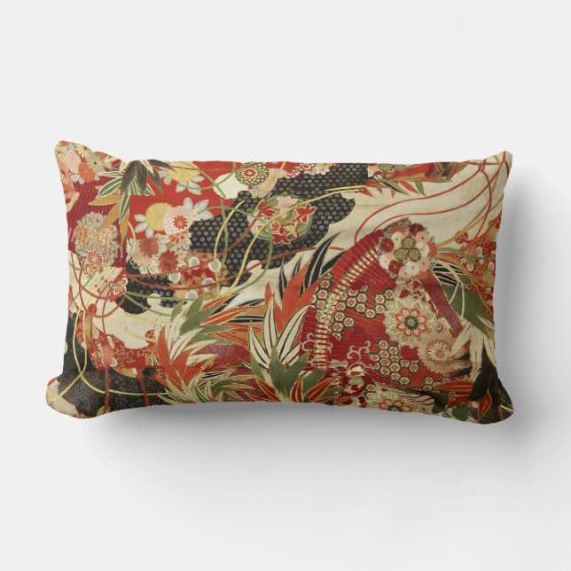 ANTIQUE JAPANESE FLOWERS Red Green Black Floral  T Lumbar Pillow (Front)