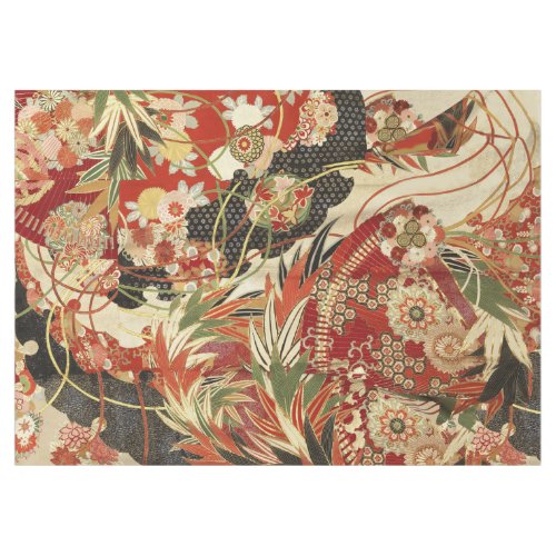ANTIQUE JAPANESE FLOWERS Red Green Black Floral  Tablecloth
