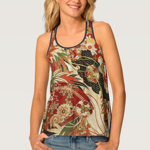 ANTIQUE JAPANESE FLOWERS Red Green Black Floral Tank Top